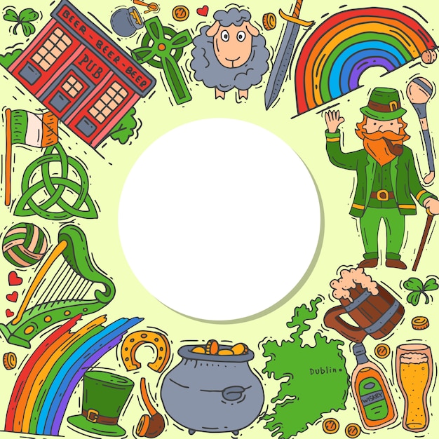 Illustrazione stabilita di scarabocchio di simboli dell'irlanda ...
