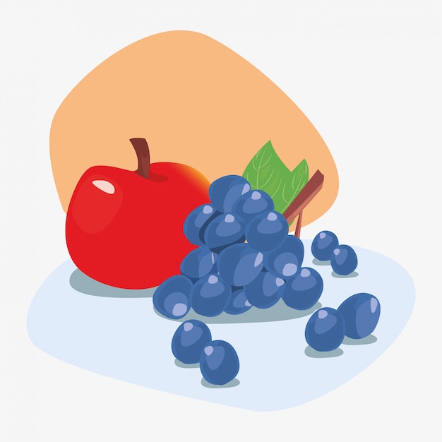 Ilustration delizioso fresco di nutrizione della frutta della mela e dell'uva Vettore Premium