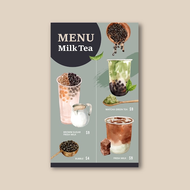 Impostare il tè al latte di bolle di zucchero di canna e il menu matcha, vintage di contenuto dell'annuncio, illustrazione dell'acquerello Vettore gratuito
