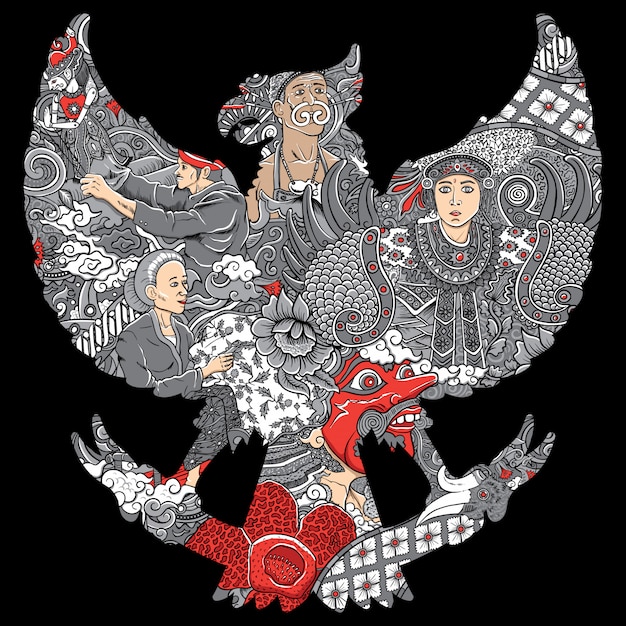 Incredibile cultura indonesia in garuda silhouete Vettore Premium