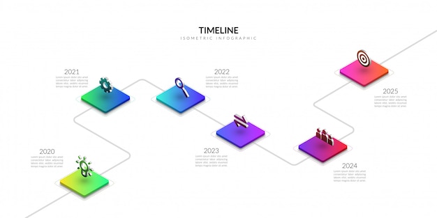 Infographic di affari di timeline isometrica, elementi grafici di flusso di lavoro colorato Vettore Premium