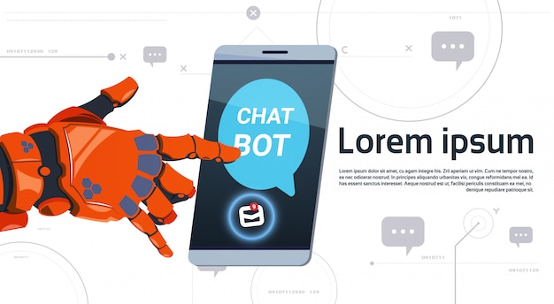 Insegna del modello dello smart phone di tocco della mano del robot di concetto di app di servizio del robot di chiacchierata con lo spazio della copia, concetto di tecnologia di sostegno tecnico di chatterbot Vettore Premium