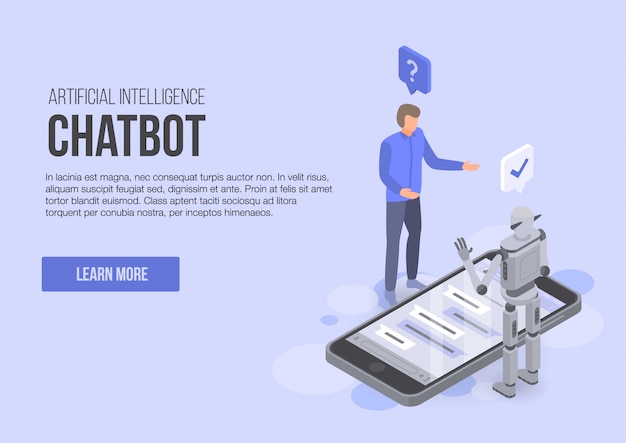Insegna di concetto di chatbot di intelligenza artificiale, stile isometrico Vettore Premium