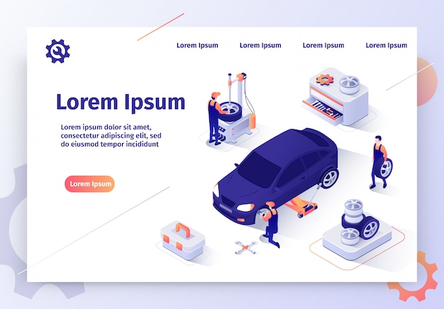 Insegna isometrica di web di vettore del negozio di riparazione dell'automobile Vettore Premium