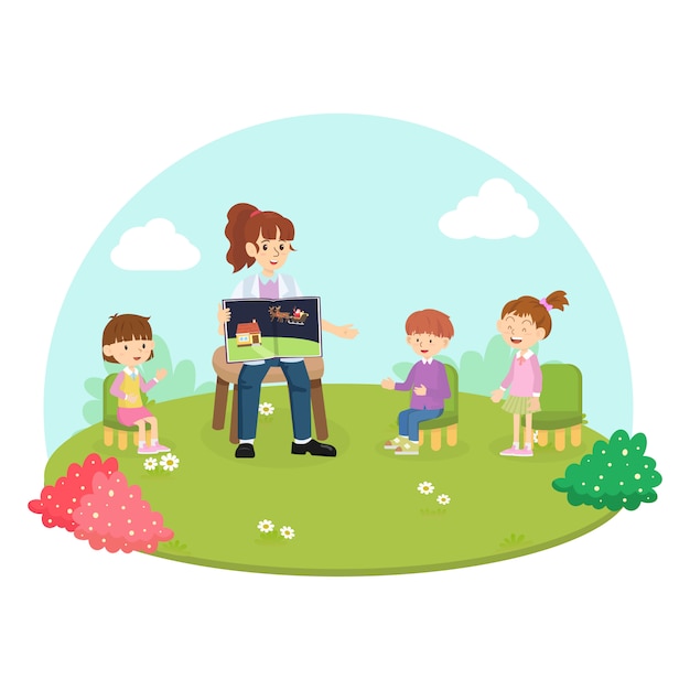 Insegnante che racconta una storia di babbo natale con i bambini delle scuole durante le vacanze di natale. Vettore Premium