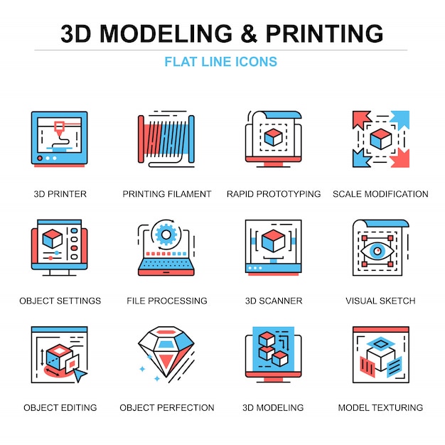 Insieme di concetti di icone di stampa 3d e modellazione linea piatta Vettore Premium