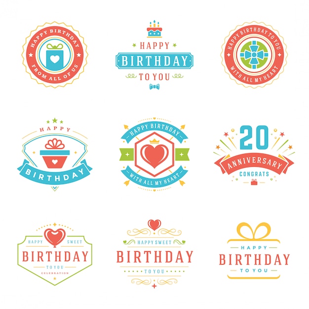 Insieme di elementi di progettazione di vettore di distintivi ed etichette di buon compleanno. Vettore Premium