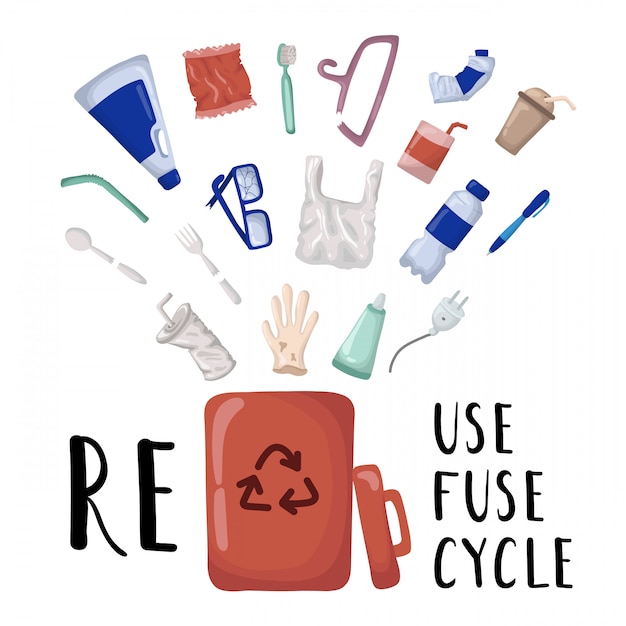 Insieme di elementi di vettore - rifiuti di plastica e contenitore per rifiuti Vettore Premium