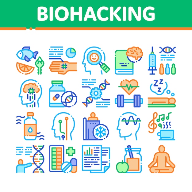 Insieme di icone degli elementi della raccolta di biohacking Vettore Premium