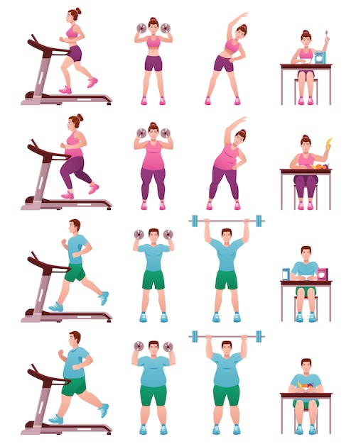 Insieme di icone grasso slim fitness persone Vettore gratuito