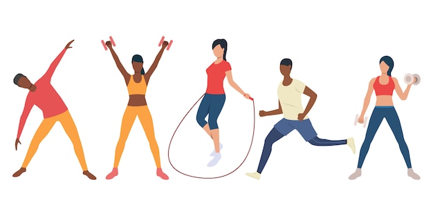 Insieme di persone multietniche attive allenamento in palestra Vettore gratuito