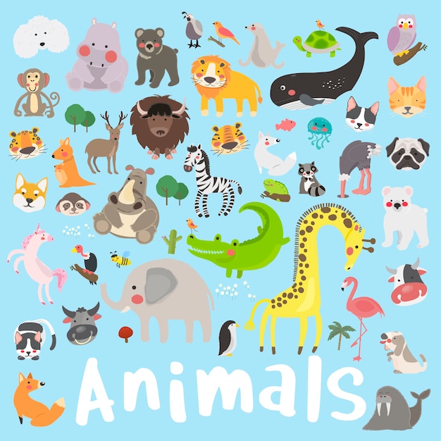 Insieme di stile di disegno dell'illustrazione di fauna selvatica Vettore gratuito