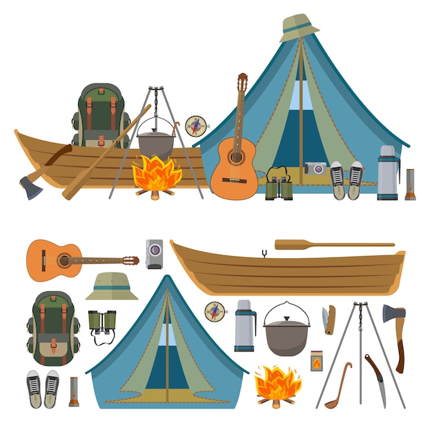 Insieme di vettore degli oggetti e degli strumenti di campeggio isolati. attrezzatura da campo, tenda turistica, barca, zaino, fuoco, chitarra. Vettore Premium