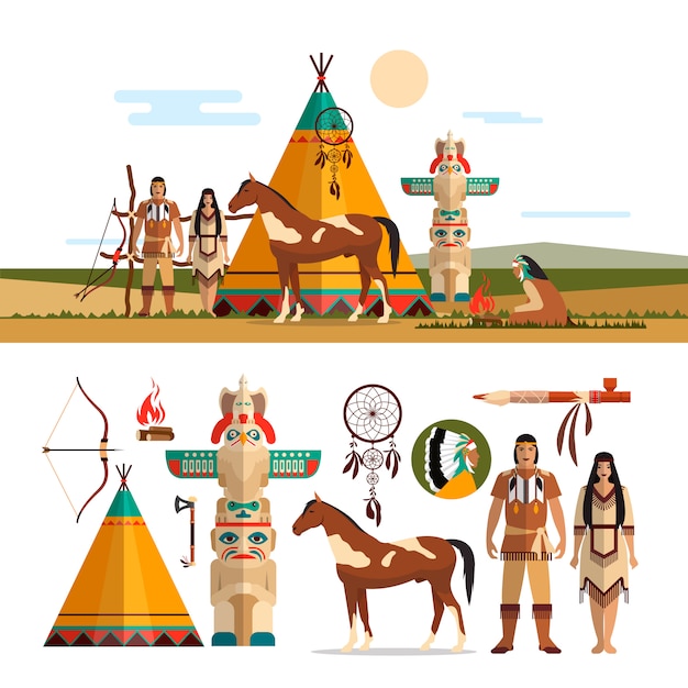 Insieme di vettore di oggetti tribali indiani americani, elementi di design in stile piano. maschio e femmina indiano, totem e camino. Vettore Premium