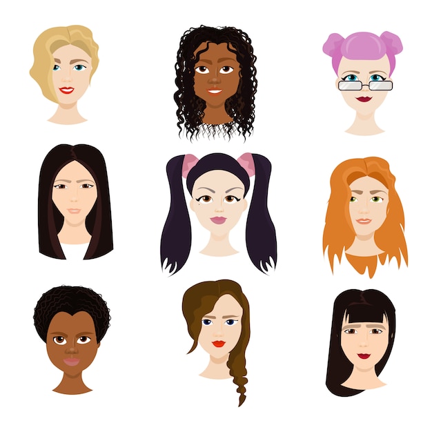 Insieme di volti femminili isolati, diverse donne con ritratti di diversi tagli di capelli Vettore Premium