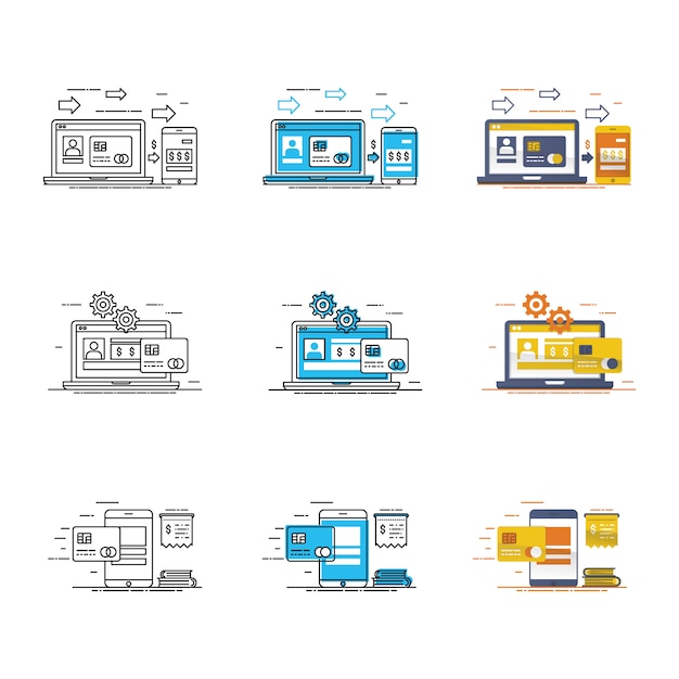 Insieme moderno dell'icona del dispositivo e di dati Vettore Premium