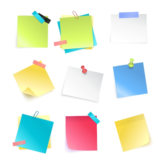 Insieme realistico delle note appiccicose in bianco variopinte con gli a pressione e dei paperclips isolati sull'illustrazione bianca di vettore del fondo Vettore gratuito
