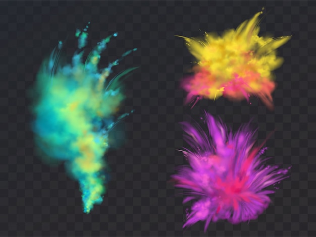 Insieme realistico di nuvole di polvere colorata o esplosioni, isolato su sfondo trasparente. Vettore gratuito