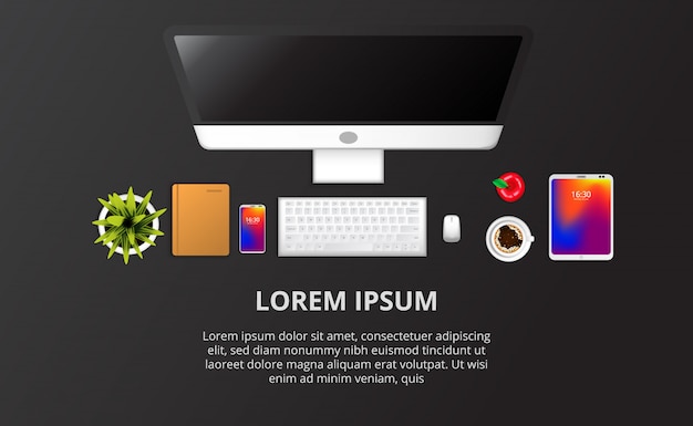 Installazione del computer web, telefono, notebook, pianta, vista dall'alto di caffè. modello di testo Vettore Premium