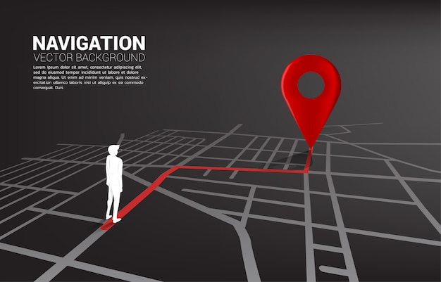 Instradare tra gli indicatori di posizione 3d e l'uomo d'affari sulla cartina stradale della città Vettore Premium