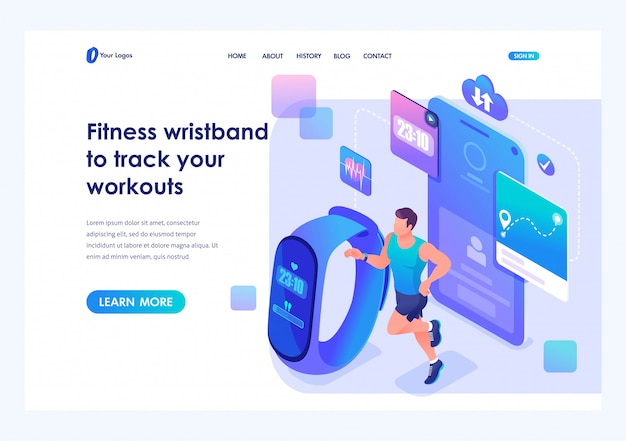 Isometrico un uomo corre usando un braccialetto fitness e tiene traccia dei suoi allenamenti. pagina di destinazione del modello per il sito web Vettore Premium