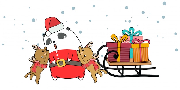 Immagini Di Babbo Natale Con La Slitta E Le Renne.Kawaii Babbo Natale Disegnato A Mano E Renne Con Una Slitta Vettore Premium