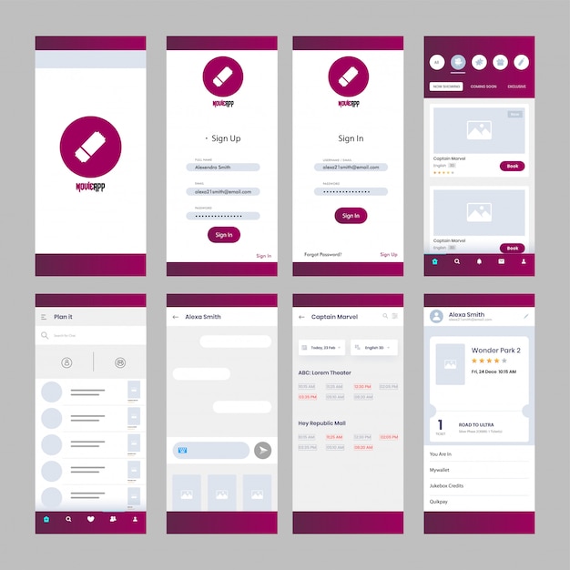 Kit di interfaccia utente di movie app per l'applicazione mobile reattiva. Vettore Premium