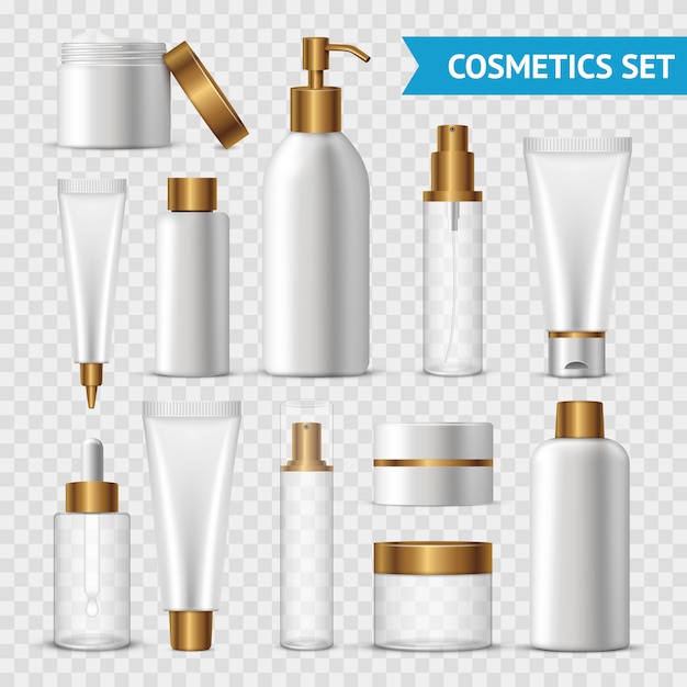 L'icona trasparente realistica e isolata dei cosmetici ha messo con i dosatori dell'oro su fondo trasparente Vettore gratuito