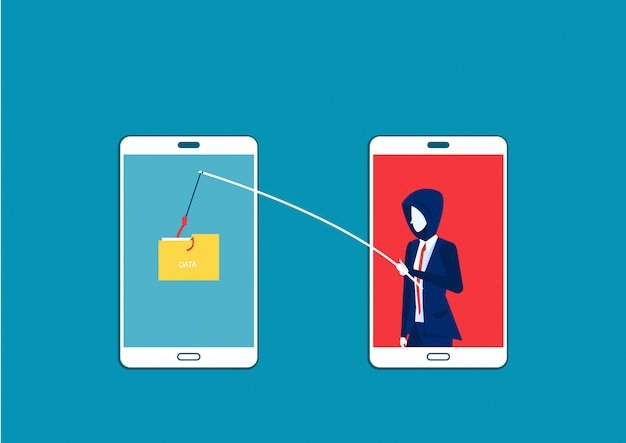L'uomo di affari ruba i dati, attacco del pirata informatico all'illustrazione di vettore dello smartphone. attacca l'hacker a dati, phishing e crimini informatici Vettore Premium