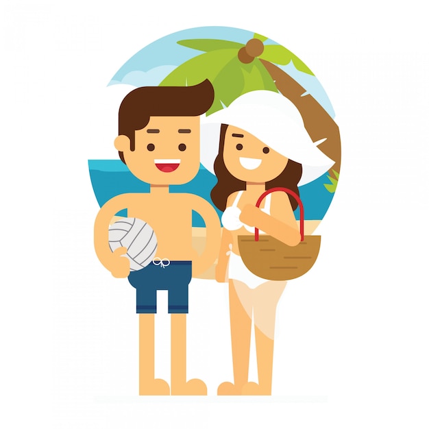 L'uomo e la donna vanno a viaggiare coppie adulte di vacanza estiva della spiaggia di progettazione piana di vettore fresco di estate che stanno con le palme della spiaggia Vettore Premium