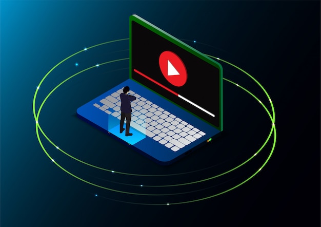 L'uomo isometrico guarda video tutorial online Vettore Premium