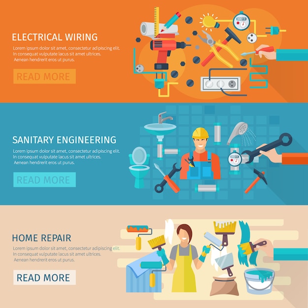 La bandiera orizzontale di riparazione domestica ha messo con gli elementi piani dei collegamenti elettrici Vettore gratuito