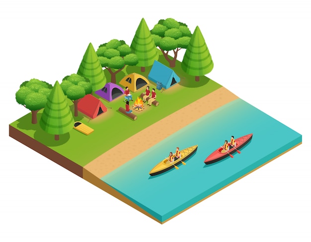 La campeggio che fa un'escursione la composizione isometrica con la tenda sul lago ed i turisti sulle barche vector l'illustrazione Vettore gratuito