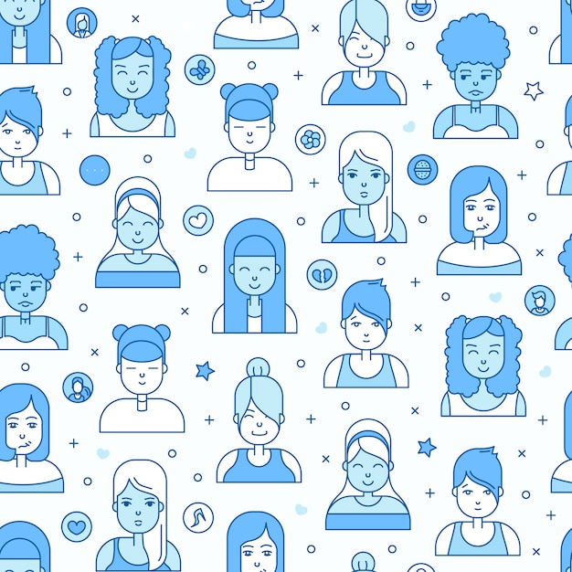 La gente lineare piatta affronta il modello senza cuciture. avatar social media, userpic e profili. Vettore gratuito
