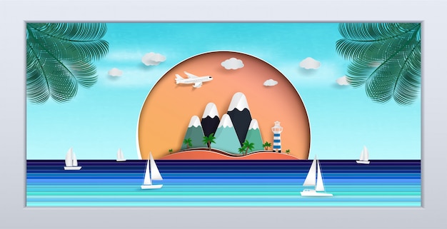 La vista sul mare naturale nella cornice. il disegno è durante l'estate. Vettore Premium