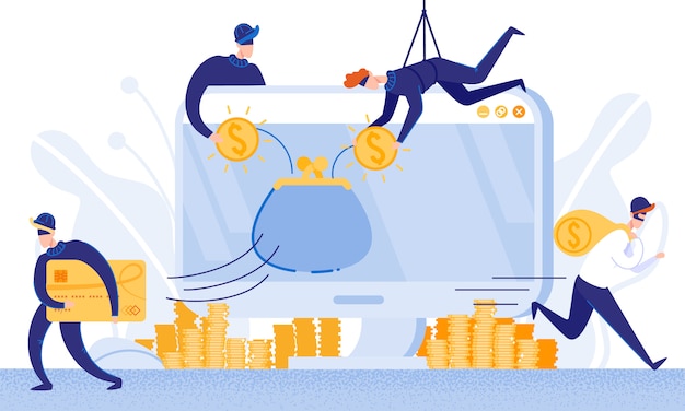 Ladri rubano denaro dal sistema di e-banking. vettore. Vettore Premium