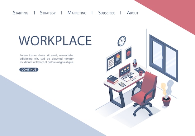 Landing page design del modello web con il concetto di posto di lavoro in ufficio. Vettore Premium