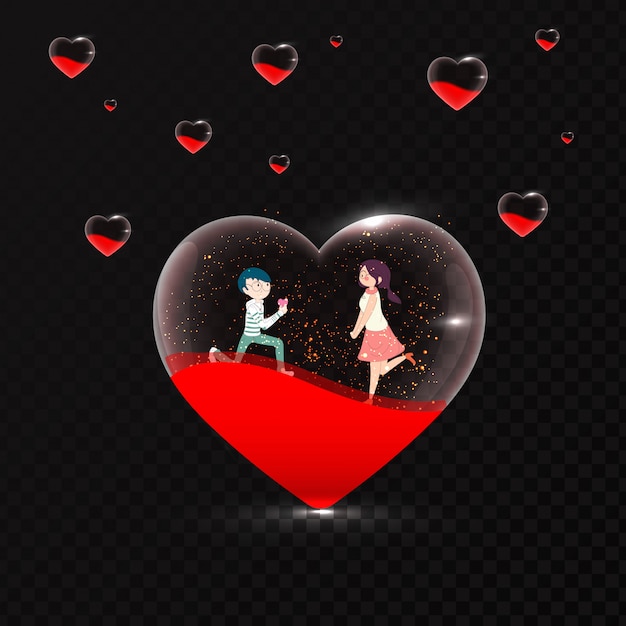 Le coppie romantiche sveglie nel cuore trasparente modellano sul backgro  nero | Vettore Premium