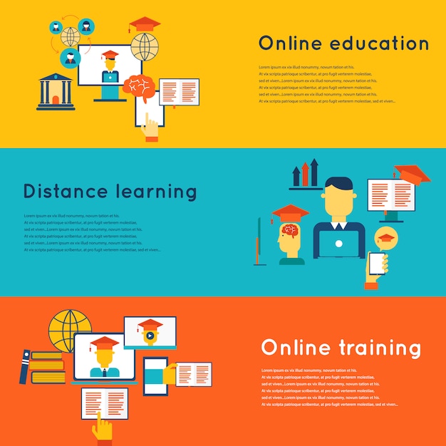Le insegne orizzontali piane di istruzione online messe con la formazione a distanza e gli elementi di addestramento hanno isolato l'illustrazione di vettore Vettore gratuito