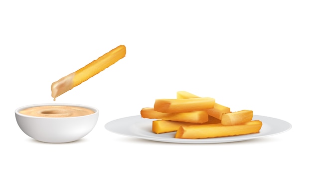 Le patate fritte dorate realistiche, mucchio di patata fritta attacca in piatto bianco e lancia con salsa Vettore gratuito
