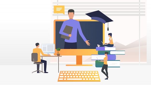 Le persone che usano il computer e studiano nella scuola online Vettore gratuito