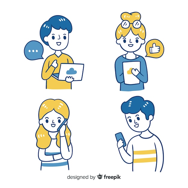 Le persone che utilizzano la raccolta di dispositivi tecnologici Vettore gratuito