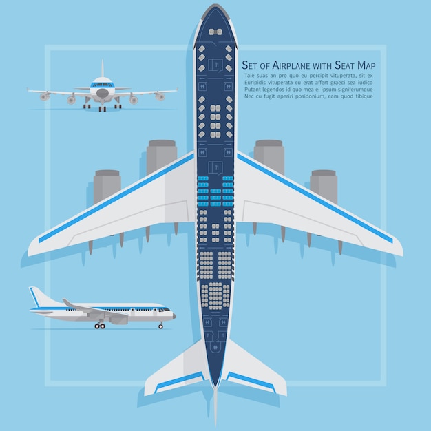 Le sedi degli aerei prevedono una vista dall'alto. programma di informazioni dell'interno dell'aeroplano delle classi di economia e di affari. illustrazione vettoriale sedile piano grafico, piano, di passeggero di aeromobili Vettore Premium