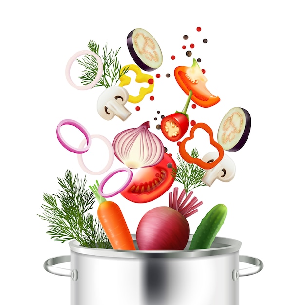 Le verdure e il concetto realistico del vaso con gli ingredienti e che cucinano i simboli vector l'illustrazione Vettore gratuito