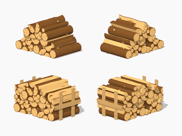 Legna da ardere isometrica lowpoly 3d impilata in pile Vettore Premium