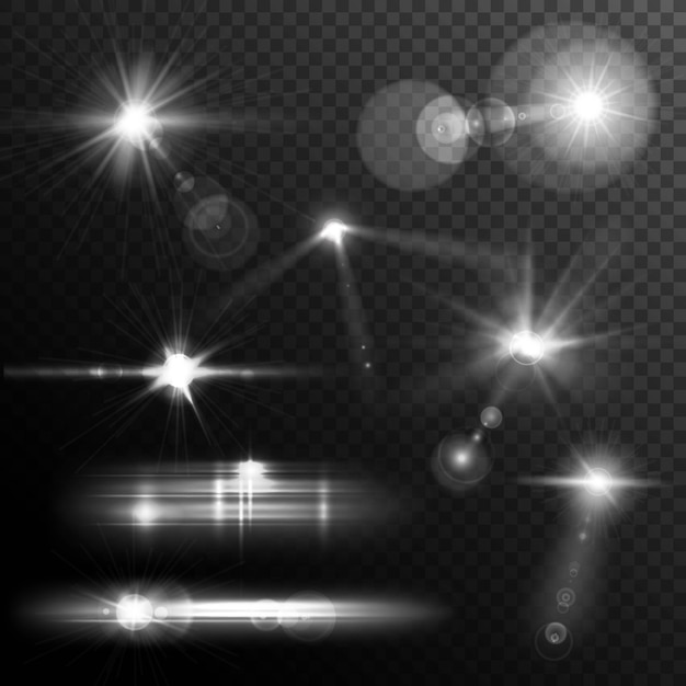 Lente realistica si accende di luci a stella e bagliore di elementi bianchi su sfondo trasparente Vettore gratuito