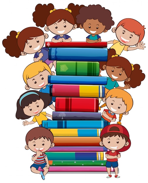 Libri con bambini su sfondo bianco Vettore gratuito