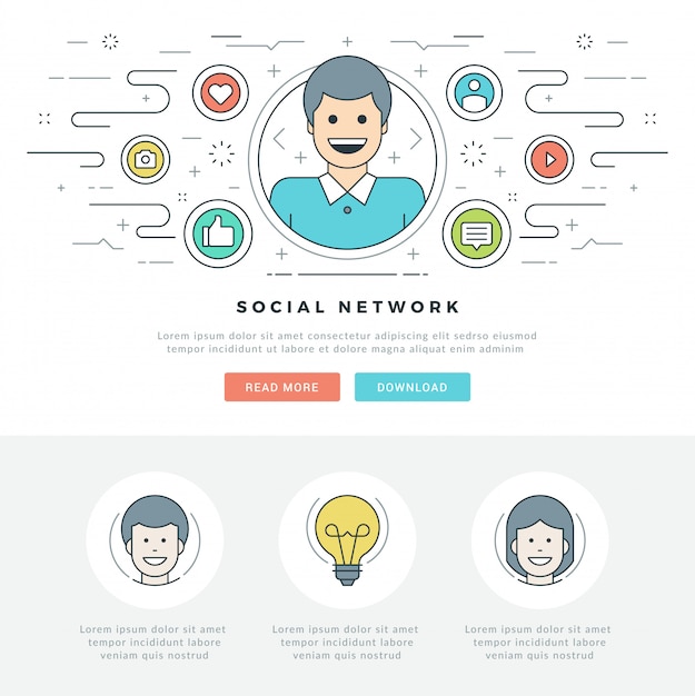 Linea piatta social media concept e linea stile icone design. Vettore Premium