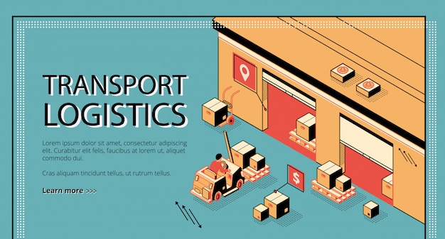 Logistica dei trasporti, servizio di consegna banner web isometrico, pagina di destinazione. Vettore gratuito