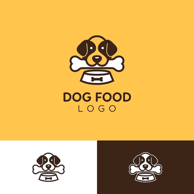 Logo del cane semplice e carino con osso e ciotola Vettore Premium